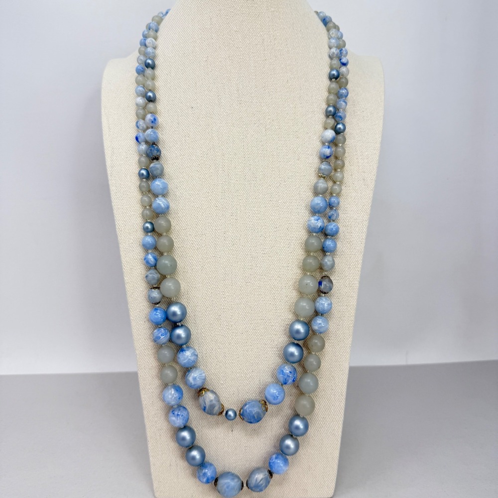 Vintage Marbled Bead Double Strand Necklace Blue Frosted Pearl Multi Strand